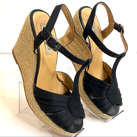 Steve Madden Women's Radley Espadrille Wedge T-Strap Peep Toe Sandal in Black - Picture 2 of 16